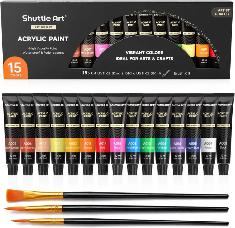 Shuttle Art Acrylic Paint Set, 15 x 12ml Tubes Artist Quality Non Toxic Rich Pigments Colors Perfect for Adults Beginners Art...