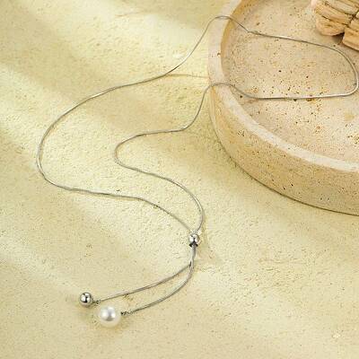 304 Stainless Steel Round Shell Pearl Pendant Lariat Necklaces for Women