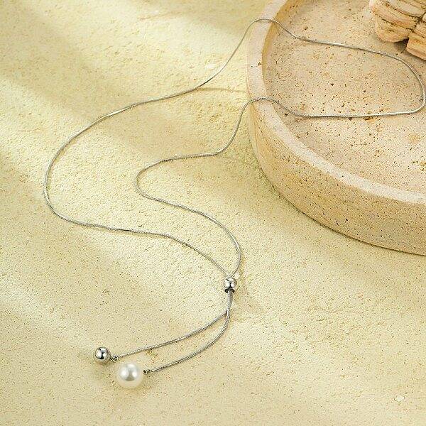 304 Stainless Steel Round Shell Pearl Pendant Lariat Necklaces for Women