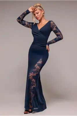 Goddiva Scuba & Lace Wrap Maxi Dress - Navy Blue