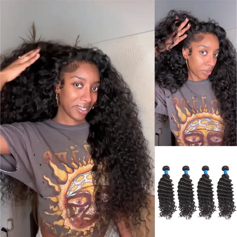 [Ashine] Vacation Hair 10A Brazilian Virgin 100% Human Hair Deep Wave Deep Curly Bundles Sew In Quick Weave Ponytail Closure ...