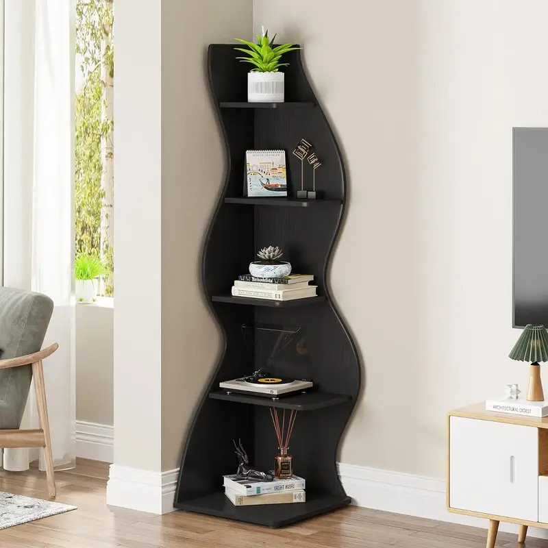 【BTS ONLY】Tribesigns 5-Tier Corner Shelf, Modern Corner Bookshelf Small Bookcase with Unique Shape for Living Room, Home ...