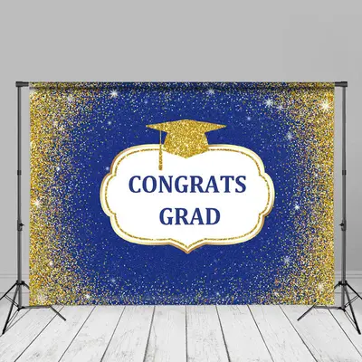 Blue Gold Glitter Congrats Grad Photoshoot Backdrop - Aperturee