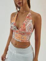 Women's Floral Print Halter Neck Top, Boho Sleeveless Cropped Top for Summer, Women's Clothing for Beach Holiday Vacation, Bo...