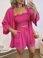 Women's Solid Crop Tube Top & Shorts & Open Front Outerwear Set, Casual Fitted Three-piece Outfits for Summer, Women's Clothe...