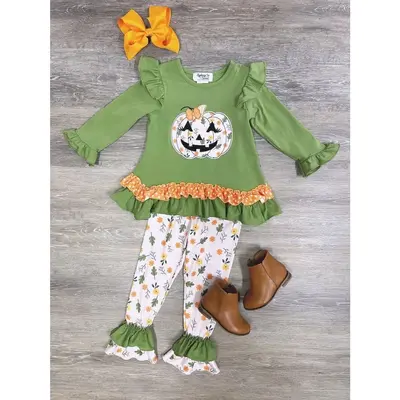 Fall Floral Ruffle Leggings & Tunic Top Jack-O-Lantern Halloween Girls & Toddler Outfit