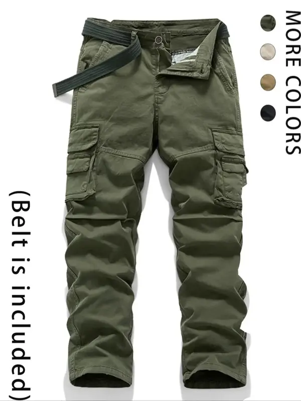 Men's Solid Color Plain Straight Leg Cargo Pants with Belt, Regular Fit Street Fashion Casual Comfy Multi-pocket Casual Fit S...