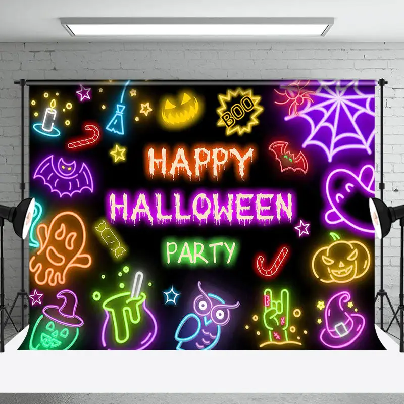 Black Colorful Neon Happy Halloween Party Backdrop - Aperturee