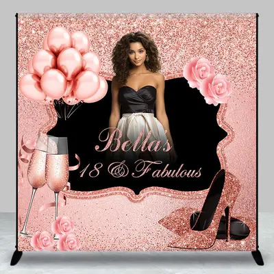 Aperturee Pink Glitter Rose Custom Name 18th Birthday Backdrop, 3X3FT(1X1M), 15 USD, custom birthday backdrops, DZDM1Y81-O