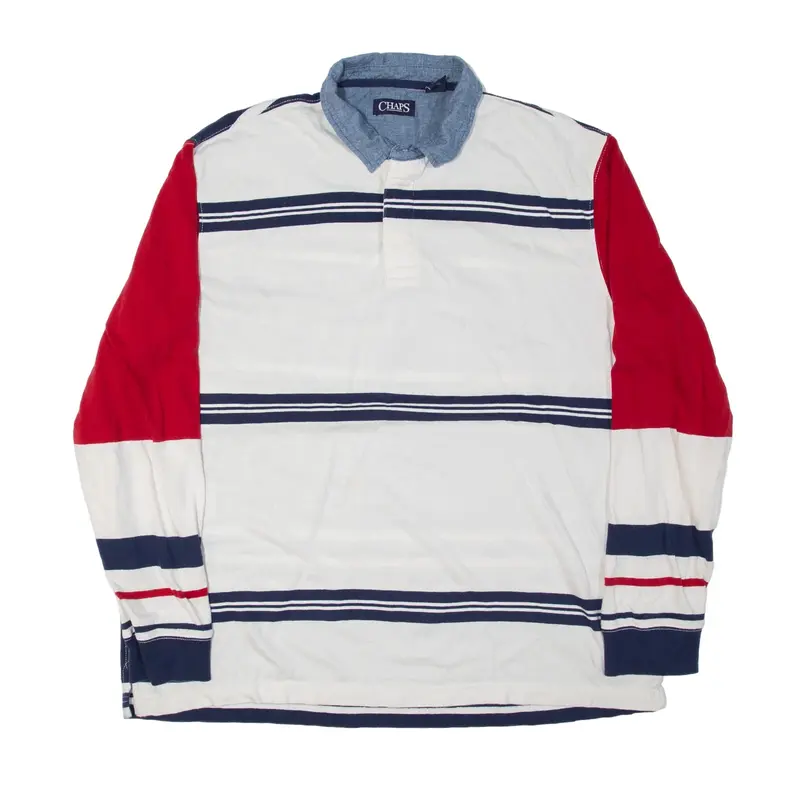 CHAPS Polo Shirt White Striped Long Sleeve Mens 2XL