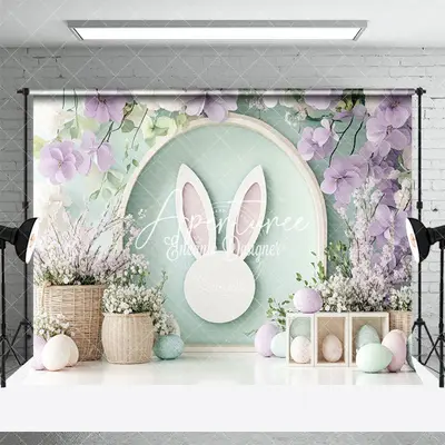 Aperturee Spring Purple Floral Green Bunny Easter Backdrop, 3X2FT(1MX0.6M), 14 USD, easter backdrops, ENHD3J32-M