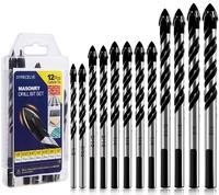 12-PCS Masonry Drill Bit Set & Concrete Drill Bit Set, 1/8 to 1/2 inch Professional Carbide Drill Bits Tip for Glass, Tile, B...