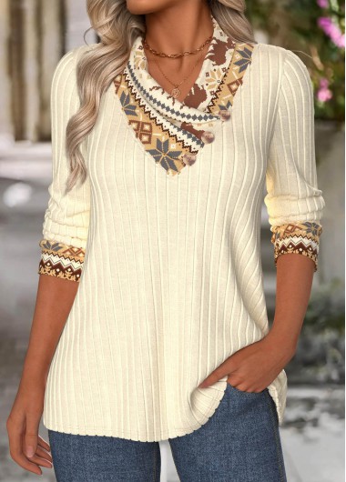 Modlily Beige Tummy Coverage Fair Isle Print Long Sleeve Sweatshirt - L