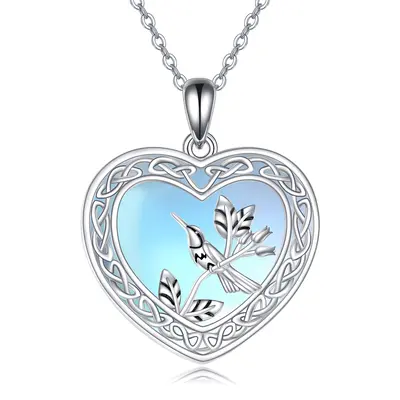 Sterling Silver Two-Tone Heart Moonstone Hummingbird Pendant Necklace For Women