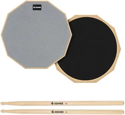 Donner Drum Practice Pad 8 Inches, Silent Practice Drum Pad 2-Sided With Drum Sticks - Gray/Blue