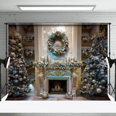 Trees Fireplace Bell Retro Wall Christmas Backdrop