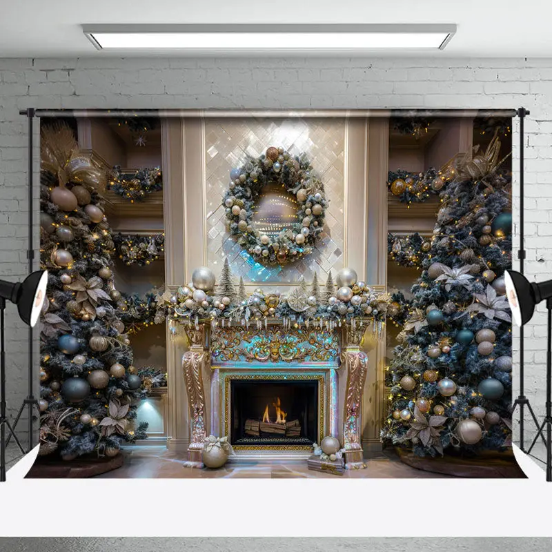 Trees Fireplace Bell Retro Wall Christmas Backdrop