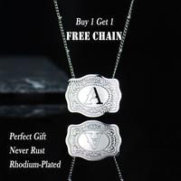 Holylegend Initial Letter Pendant Necklaces with Embossed Belt Buckle, Rhodium-Plated,Get 1 Free Chain