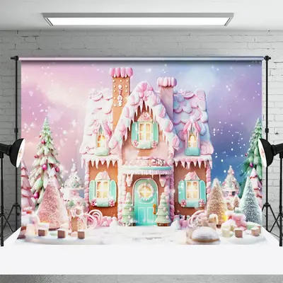 Cartoon Cute Pink Snowy House Christmas Backdrop - Aperturee