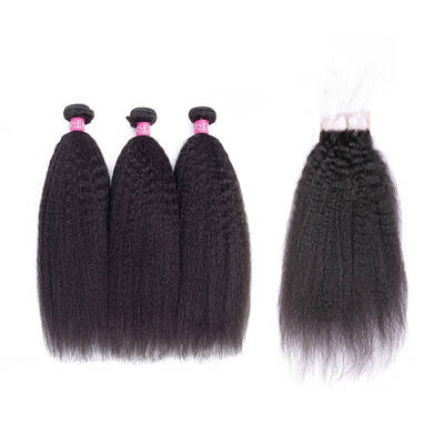 ISEE HAIR 10A Grade Kinky Straight/Yaki Straight 3 Bundles with Closure Deal 100% Human Virgin Hair unprocessed