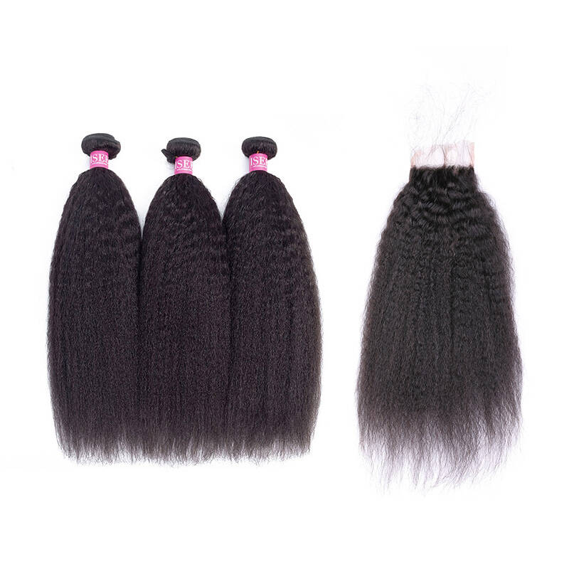 ISEE HAIR 10A Grade Kinky Straight/Yaki Straight 3 Bundles with Closure Deal 100% Human Virgin Hair unprocessed