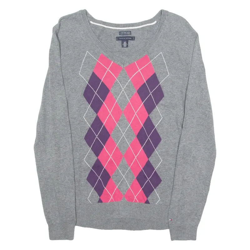 TOMMY HILFIGER Womens Patterned Jumper Grey Argyle V-Neck Tight Knit S