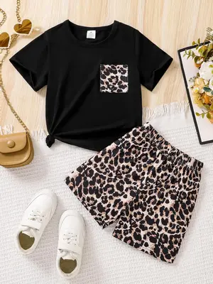 Girl's Leopard Print Short Sleeve Tee & Elastic Waist Shorts Two-piece Set, Casual Round Neck T-shirt & Shorts for Daily Wear...