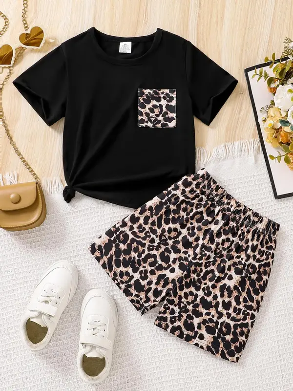Girl's Leopard Print Short Sleeve Tee & Elastic Waist Shorts Two-piece Set, Casual Round Neck T-shirt & Shorts for Daily Wear...