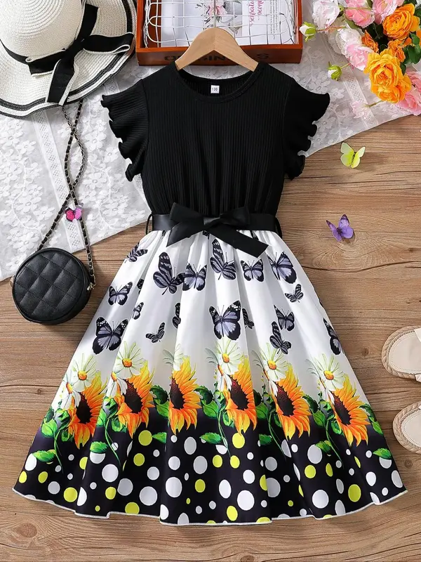 Girl's Floral & Butterfly Print Belted Sweater Dress, Casual Sleeveless Midi Dress for Summer, Kids Clothes for Daily Wear