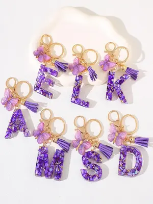 Initials & Butterfly & Fringe Design Keychain, Fashionable Purple Artificial Crystal Drop Glue Keychain for Women & Men, Tren...