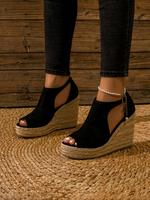 Women's Fashionable Espadrille Peep Toe Wedge Sandals, Casual Hollow Out Design Buckle Decor Flatform Shoes For Beach Party...
