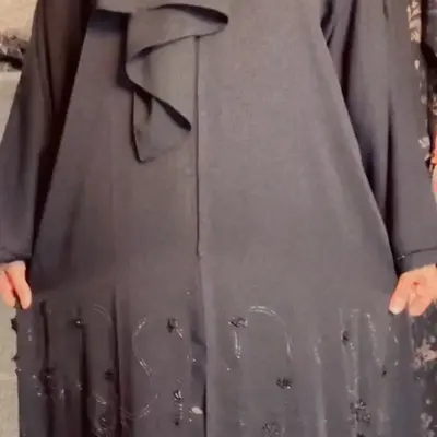 Black Embroidered Abaya with Matching Hijab - Beige -Scarf, Slit, Bottom, Suits, Top, Elegance, open abaya Outfit