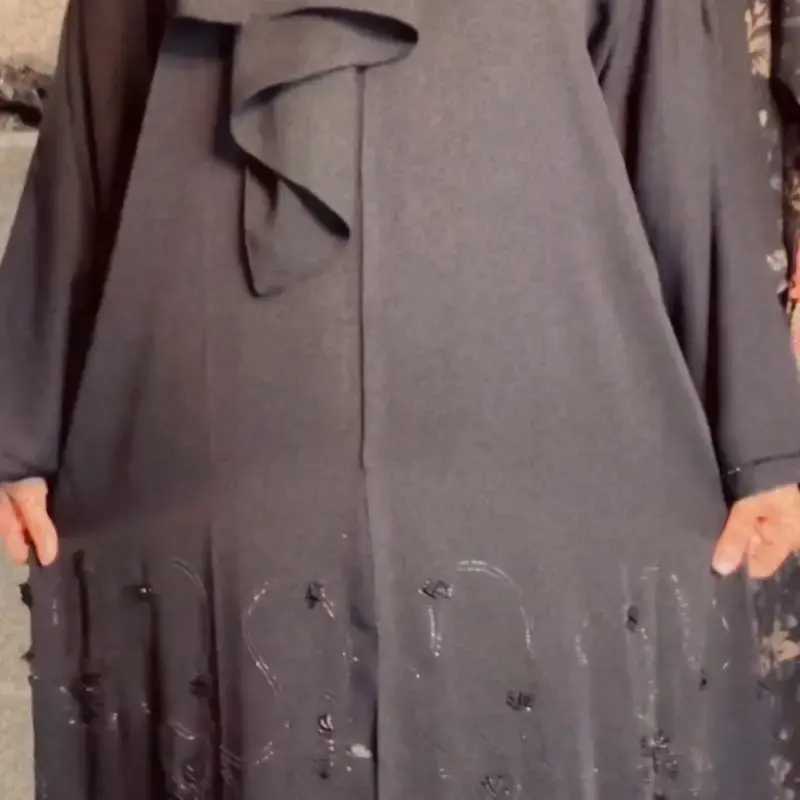 Black Embroidered Abaya with Matching Hijab - Beige -Scarf, Slit, Bottom, Suits, Top, Elegance, open abaya Outfit