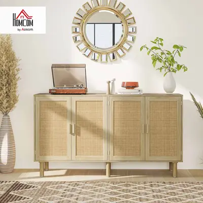 HOMCOM Sideboard Buffet Cabinet, Boho Buffet Table, Rattan Coffee Bar Cabinet with 2/3/4 Doors and Shelves for Kitchen, Livin...