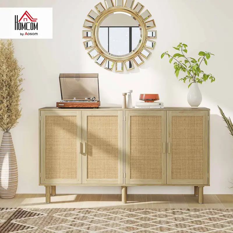 HOMCOM Sideboard Buffet Cabinet, Boho Buffet Table, Rattan Coffee Bar Cabinet with 2/3/4 Doors and Shelves for Kitchen, Livin...