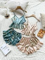 Women's Floral Print Spaghetti Strap Cami Top & Ruffle Trim Shorts Satin Sleeveless Pyjama Set, Casual Elegant Comfort Camiso...