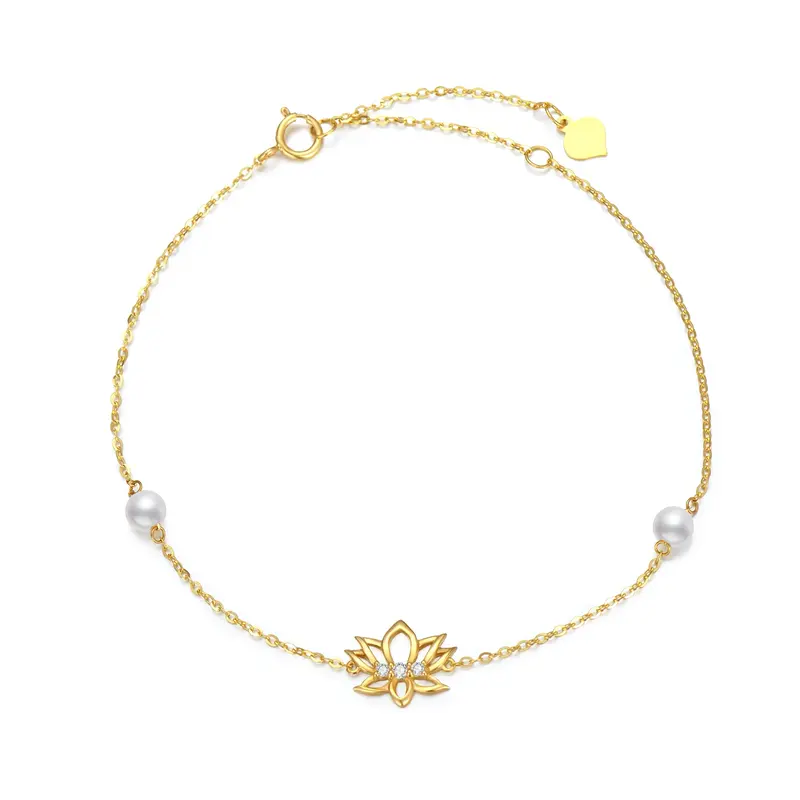 14K Gold Pearl Lotus Charm Bracelet