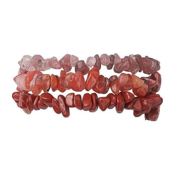 3Pcs Natural Rhodonite & Natural Red Jasper & Natural Strawberry Quartz Chip Beaded Stretch Bracelet Sets