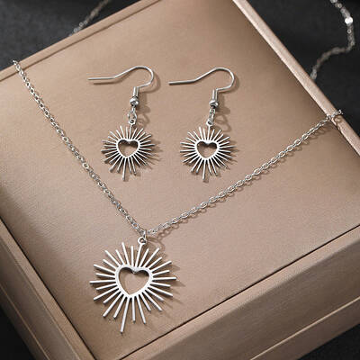 Heart Sun 304 Stainless Steel Pendant Necklaces & Dangle Earrings Sets