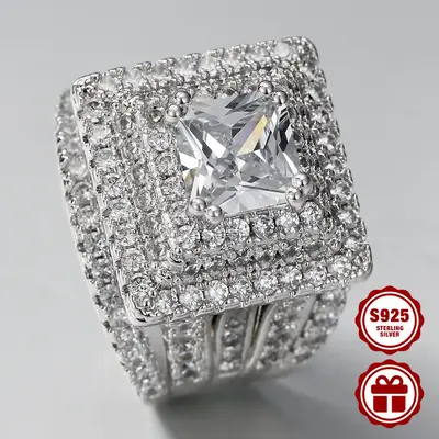 Anzuroly 925 sterling silver engagement ring for ladies, with luxurious full setting of CZ halos, princess square main stone,...