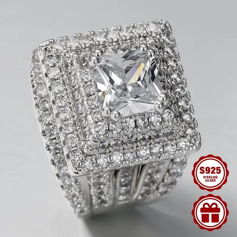 Anzuroly 925 sterling silver engagement ring for ladies, with luxurious full setting of CZ halos, princess square main stone,...
