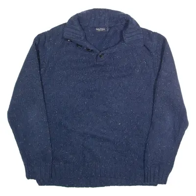 NAUTICA Mens Jumper Blue Button Neck Tight Knit Wool L