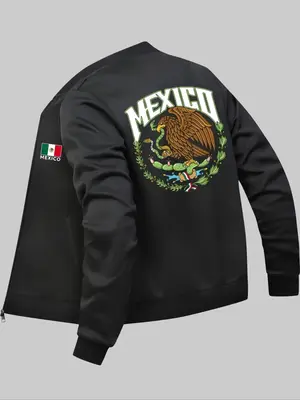 Men's Mexico Flag & Eagle Print Zip Up Pocket Graphic Print Bomber Jacket, Casual Long Sleeve Baseball Collar Outerwear for D...