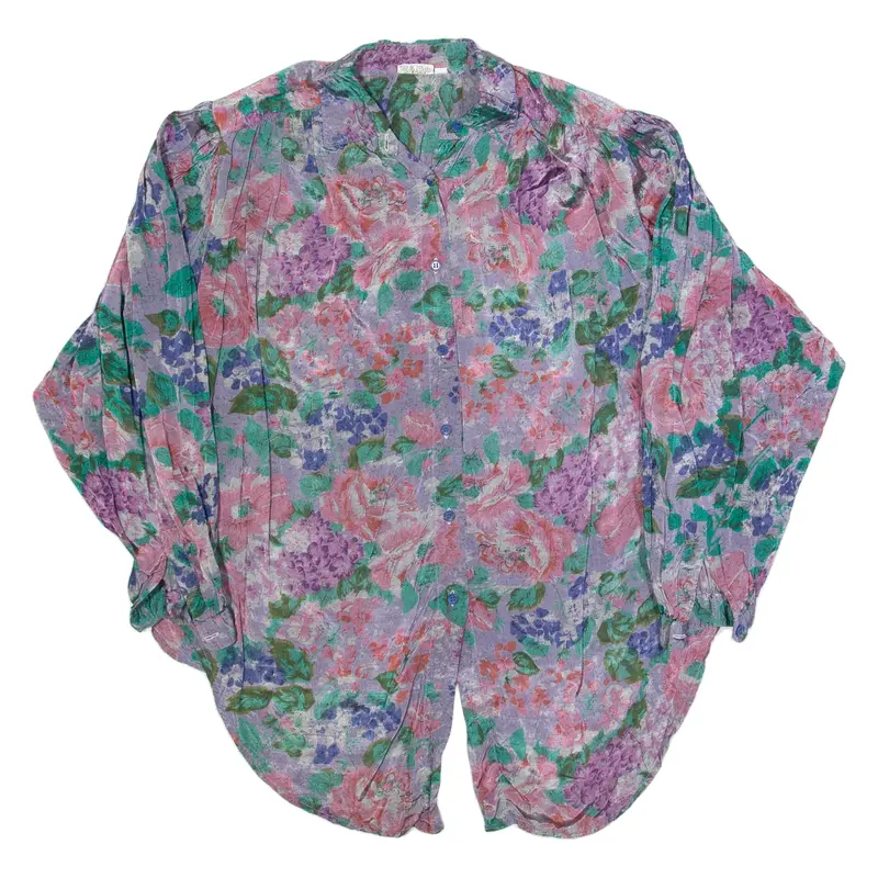 Womens Printed Blouse Purple Collared Long Sleeve Viscose Floral L
