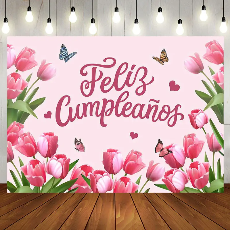 Feliz Cumpleanos Pink Tulip Spring Birthday Backdrop