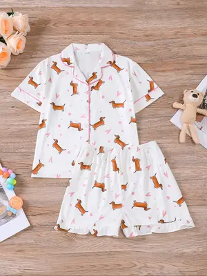 Cartoon Dog Print Top & Shorts Pajama, Casual Comfy Short Sleeve Lapel Neck Top & Shorts Pj Set, Kids Sleepwear for Summer, S...