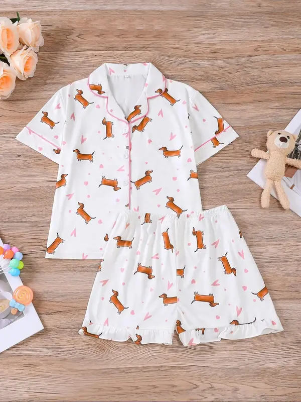 Cartoon Dog Print Top & Shorts Pajama, Casual Comfy Short Sleeve Lapel Neck Top & Shorts Pj Set, Kids Sleepwear for Summer, S...