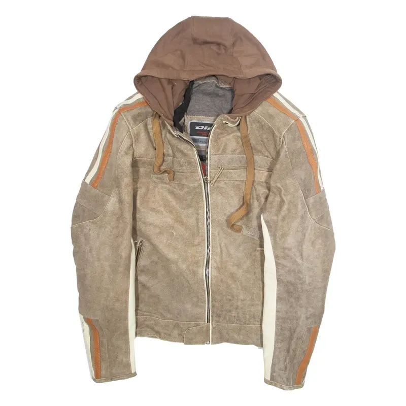 DIFI Mens Biker Jacket Brown Hooded L