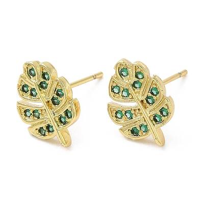 Rack Plating Brass Leaf Stud Earrings with Cubic Zirconia
