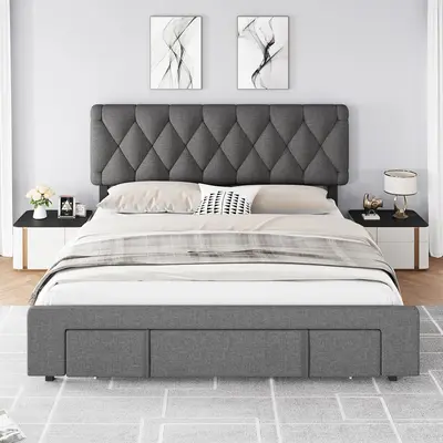 Garvee Full Size Bed Frame, Upholstered Platform Bed Frame with Storage Drawer, Mattress Foundation with Solid Wooden Slats S...